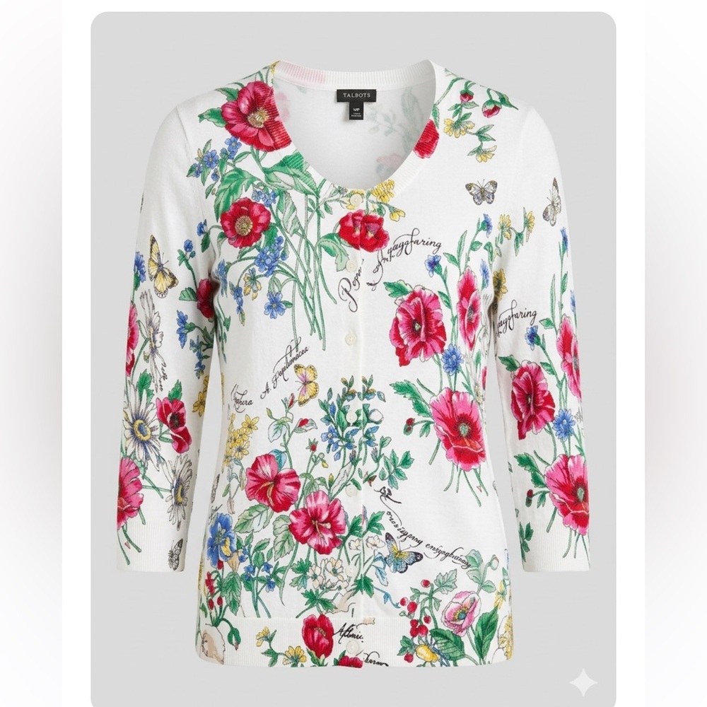 Talbots White Floral  Cardigan Sweater, Medium Petite MP 3/4 Sleeve Cotton Blend